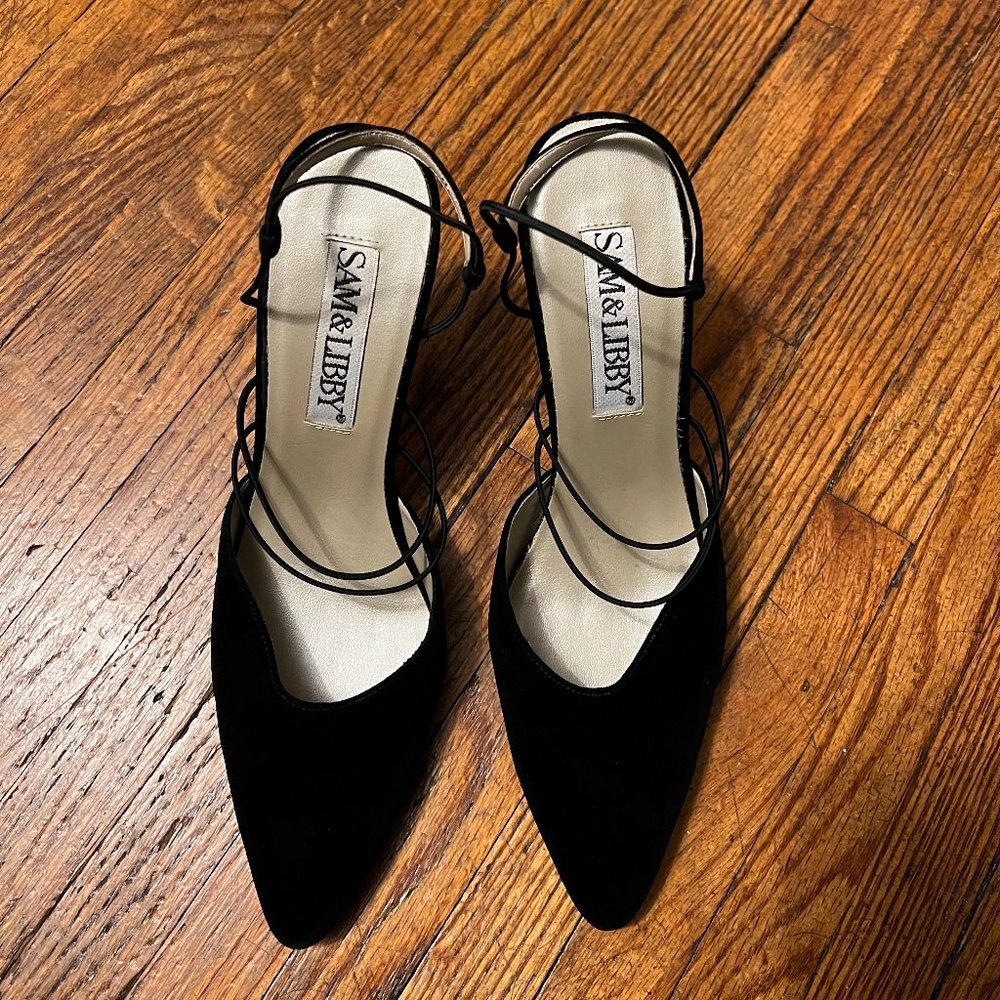 Sam & Libby Meringue Black Velvet Strappy Dress 9 1/2 Heels